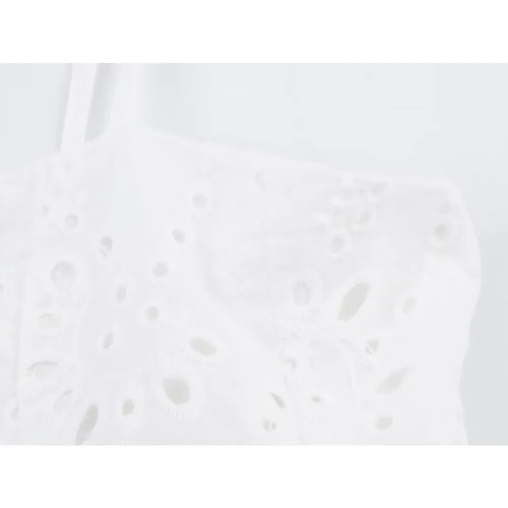Women Summer Vacation Co Ord Outfits Elegant White Embroidered 2 Piece Set Cropped Top with Thin Straps Matching Cape Midi Skirt