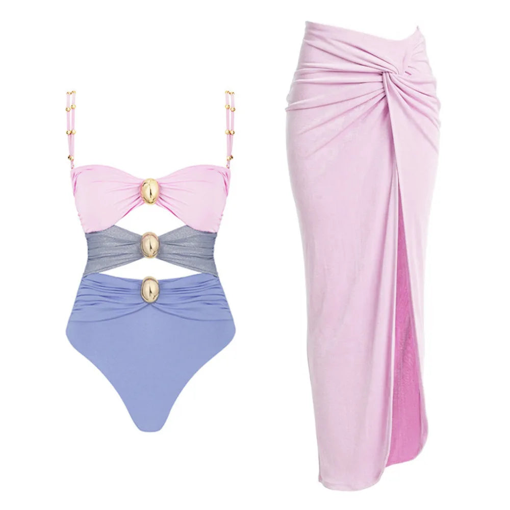 One-Piece Swimsuit and Skirt Blue Swimwear Bikini Female Vocation Bathing Suit Beachwear Beach Dress Sarong