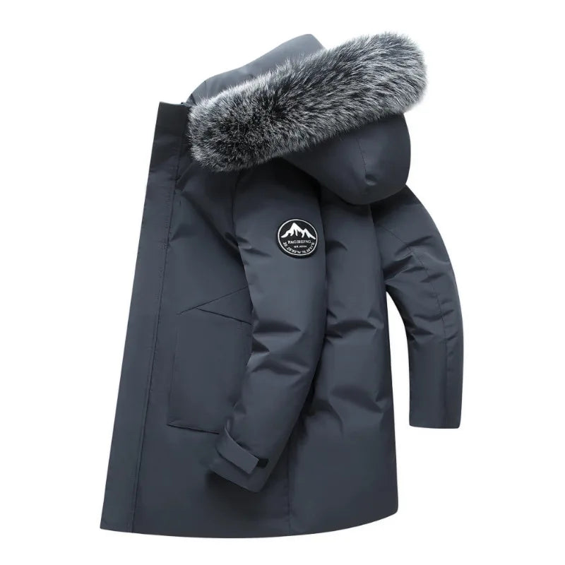 Winter New Men's Mid to Long Down Jacket with Hood Big Fur Collar Thick Warm Coat Winter White Duck Down Windproof Parka Korean