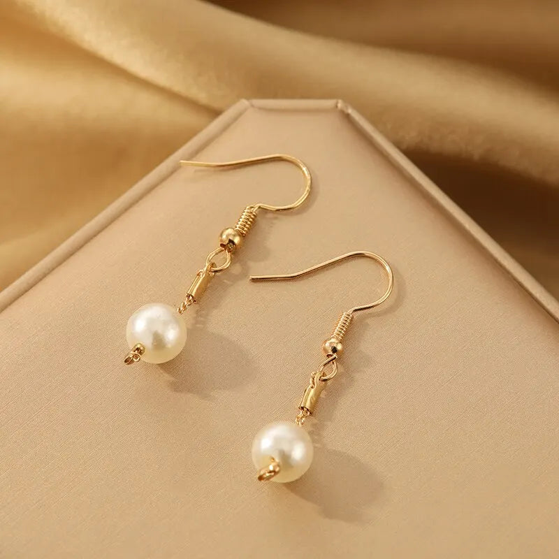 4pcs Gold-color Necklace Earring Bracelet Set Ladies Elegant Imitation-Pearls Collection Temperament Tassel Jewelry