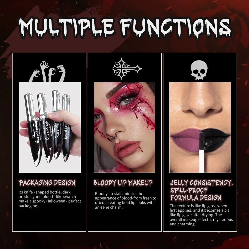 Lakerain 4pcs Kiss of Death Lip Stain Kit  Blood-stained Lip Look Long Water Proof Matte  DEVILS KISS WITCH'S CURSE Gothic Makeu