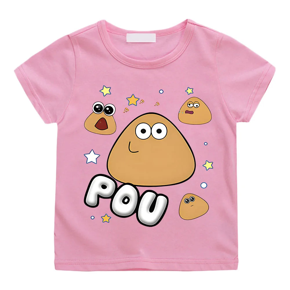 POU Kawaii Print Anime T-shirts Kids Cartoon Manga Tshirt Kawaii Comic Cotton Short Sleeve Boys/Girls T Shirt Teens Streetwear