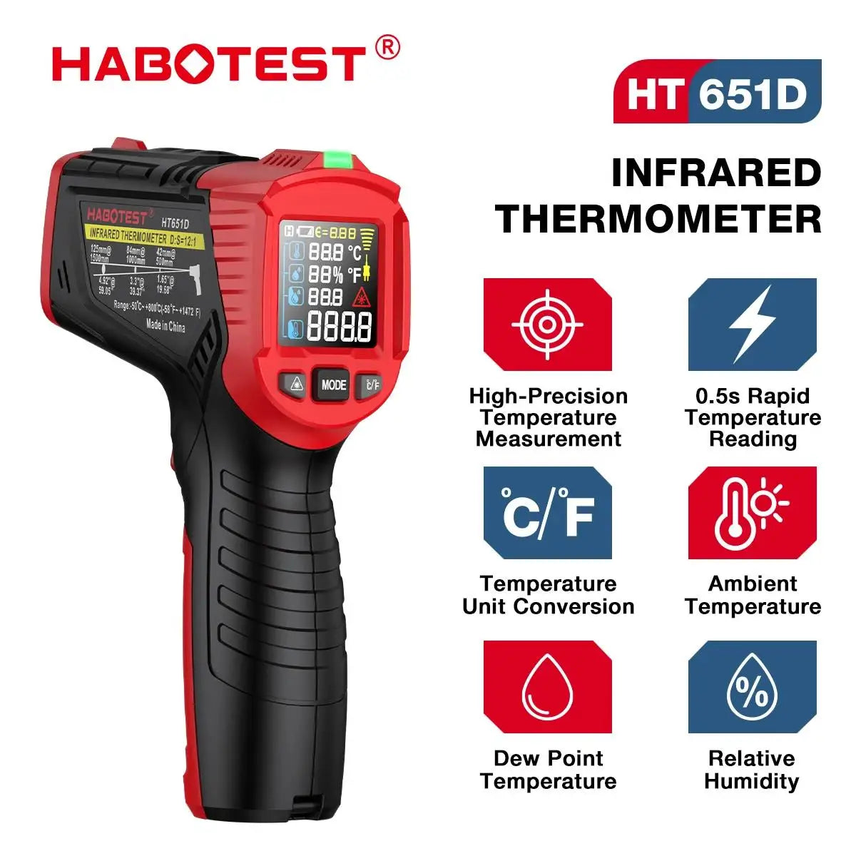 HABOTEST HT651D Infrared Thermometer Laser Temperature Meter -50-800℃ Non-contact Industrial Infrared Laser Temperature Meter