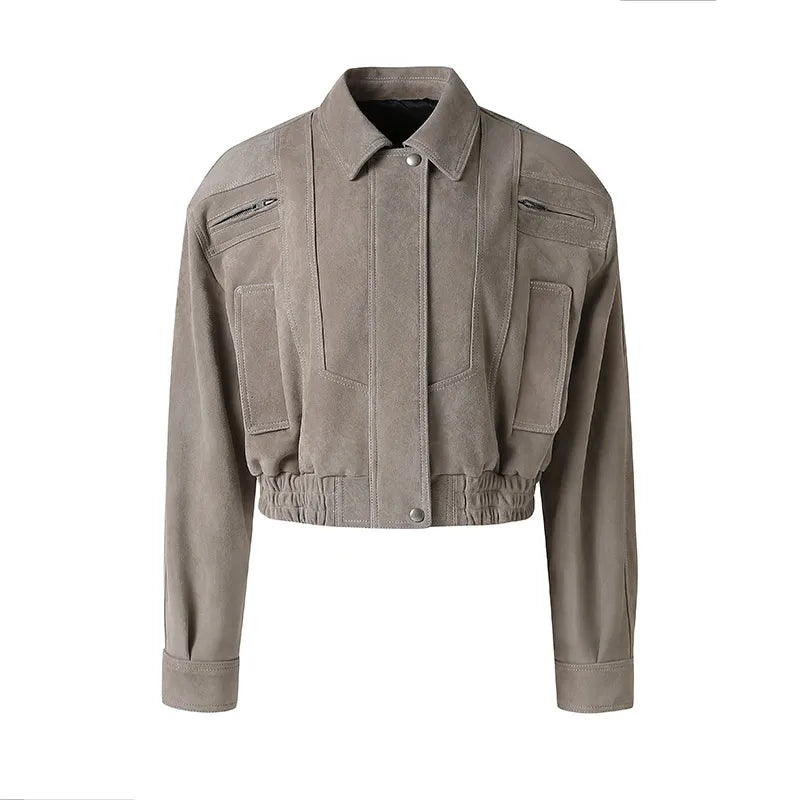 2025A Lady's Fashion Real Suede Jacket Genuine Goatskin Suede Bomber Jacket Oversize Leather Coat Women's Suit