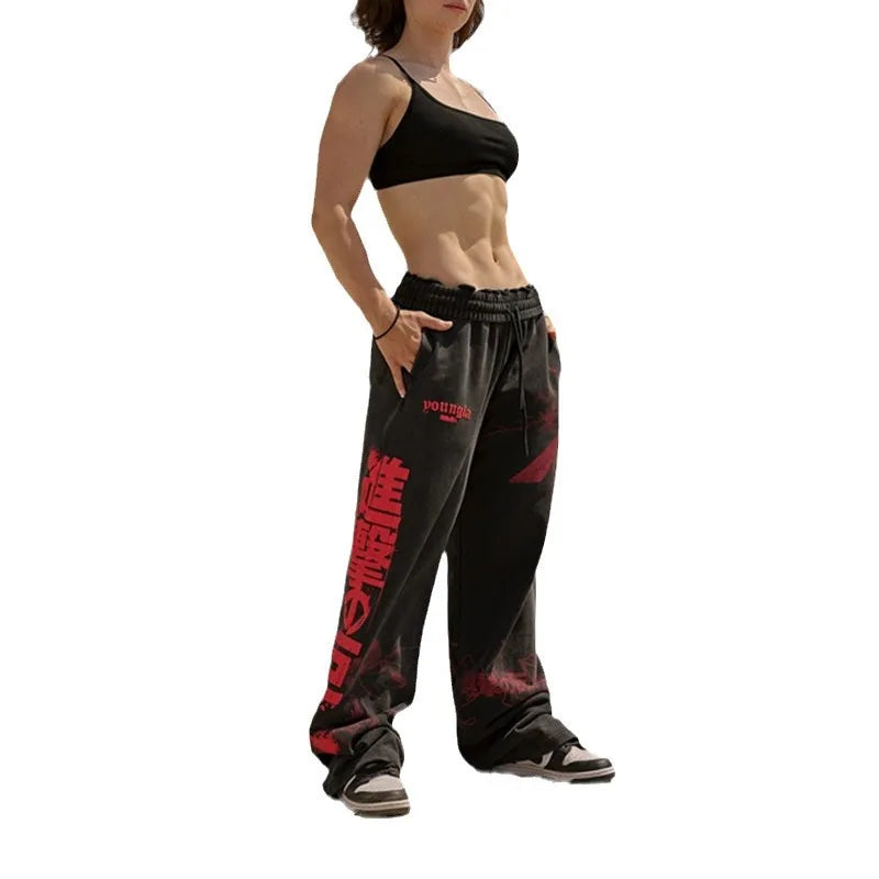 new 2026 American sports pants gym fitness running training pants cotton wool print wide leg pants