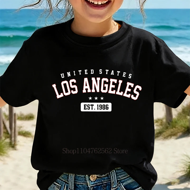 Summer Children Casual Fashion T-shirts Los Angeles Graphic Print Colorful Tops Girls Boys O-Neck Loose Short Sleeve Kids Tees