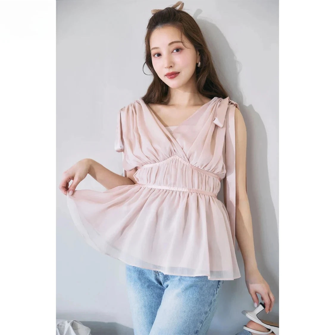 Women's Tops Summer Bow Tie Sweet Elegant Blouse Femme V Neck Shirt Waist-Cinching Japanese Style Sleeveless Chiffon Blouse