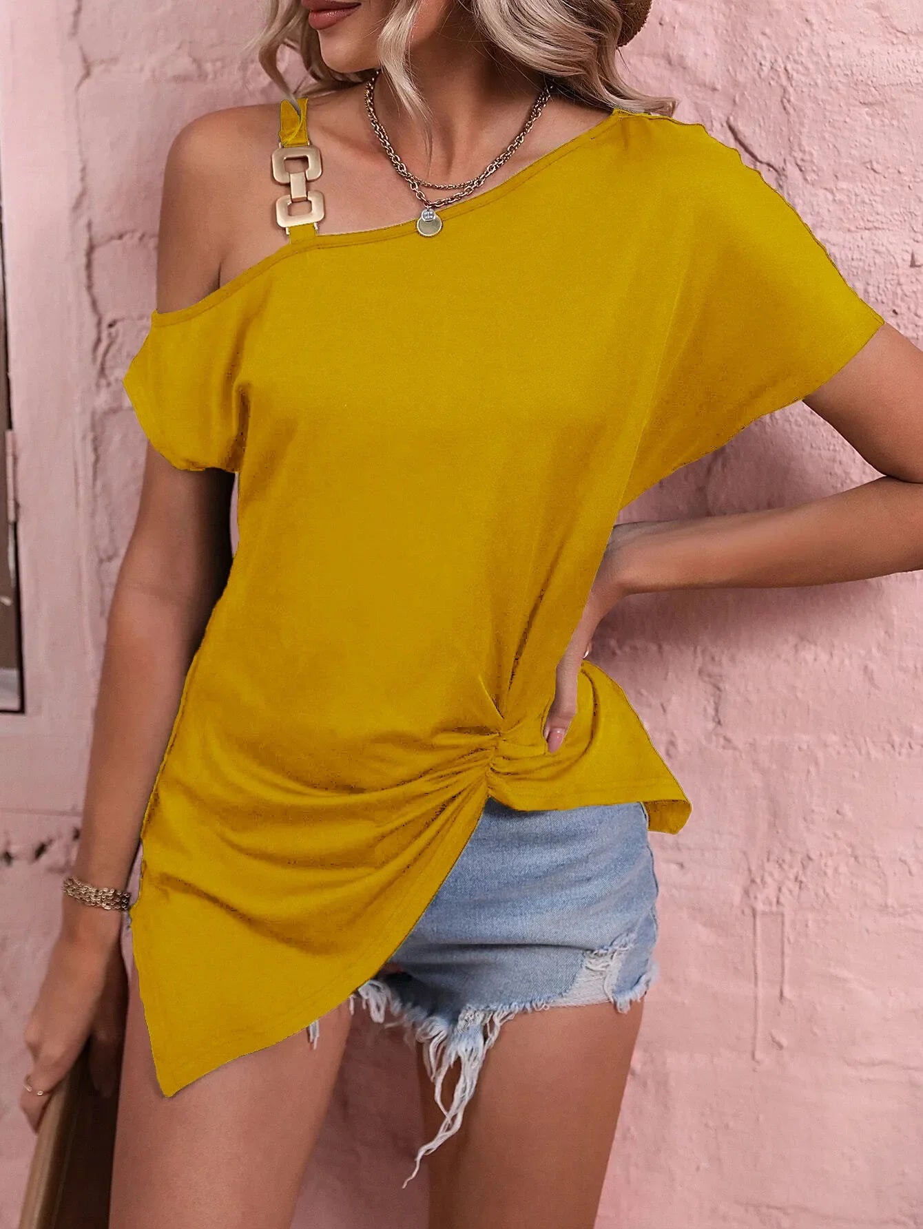 Summer One Off Shoulder Tops Women Sexy Asymmetrical Solid Color Short Sleeved T-Shirt