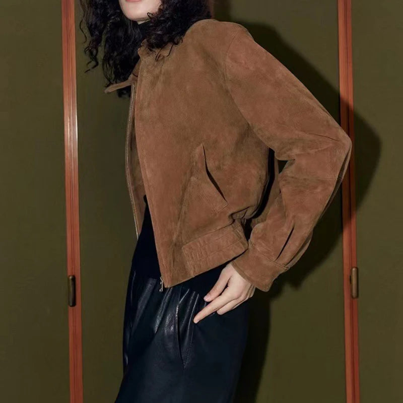 New Goatskin Suede Jacket Autumn Women Coffee Vintage Fashion Maillard Old Money Style Lapel Slim Short Genuine Leather Coat
