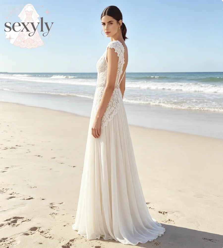 Ethereal Bohemian Wedding Dress 2026  V Neck Cap Sleeve Lace Chiffon A‑Line Bridal Gown Rhinestone Sash Boho Fairy Beach Bride