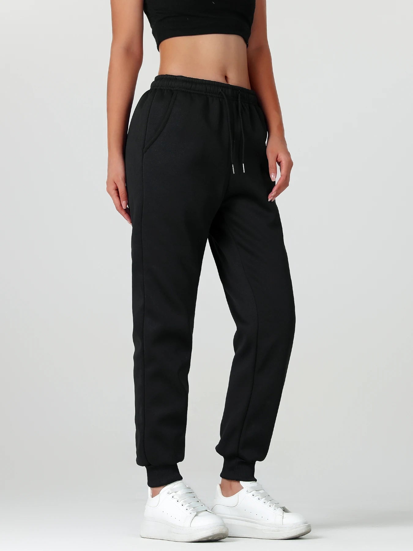 One pair of women's long pants for autumn and winter, thickened with fleece, warm solid color casual sportswear, with pockets