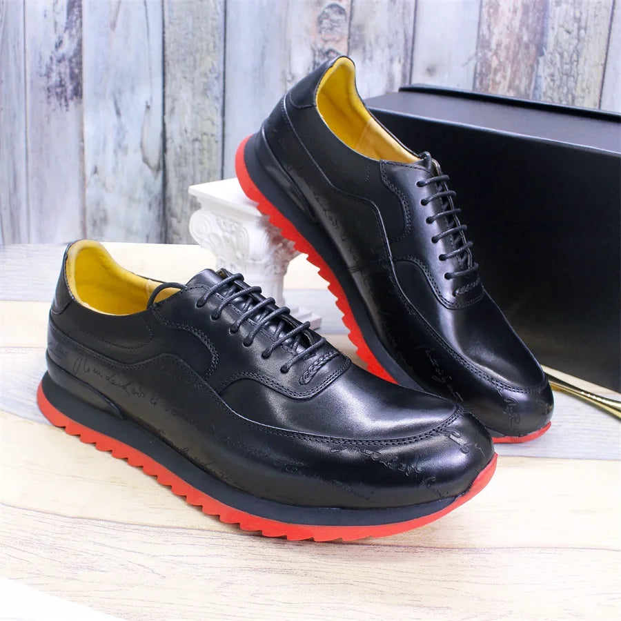 Genuine Leather Men's Sneakers Lace Up Handmade Heightening Men's Shoes Streamline Fashion Comfortable Casual Shoes Party Shoes