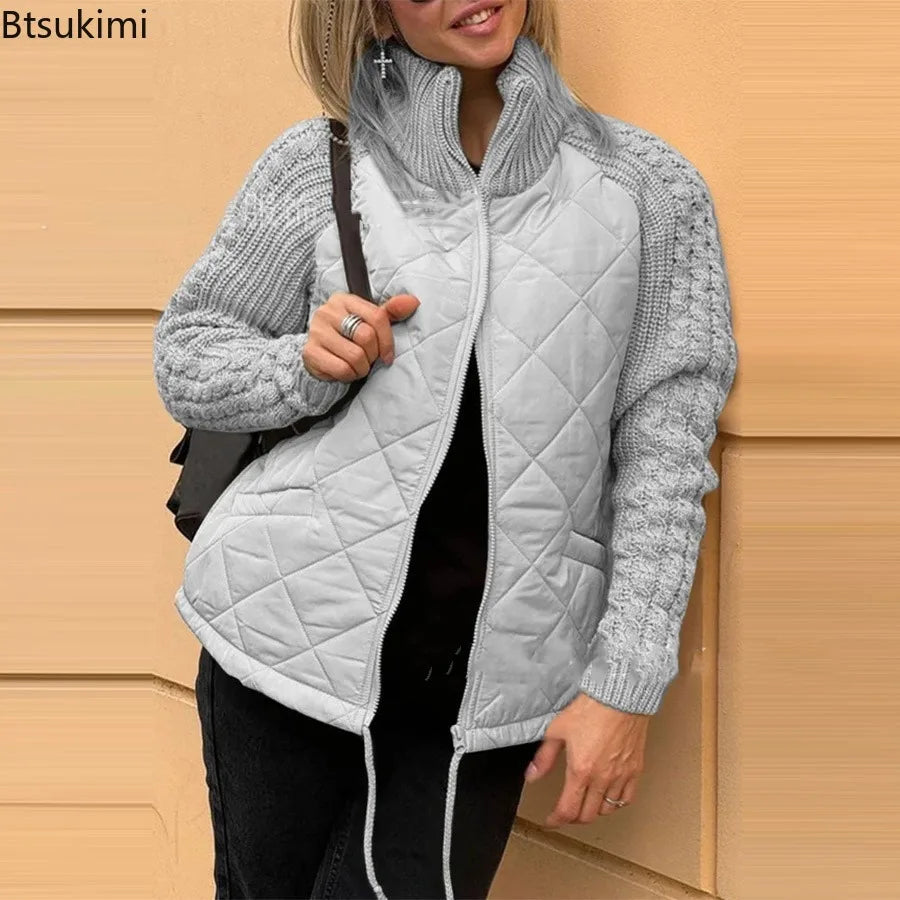 Winter Women Jackets Solid Stand Collar Neck Parkas Patchwork Drawstring Hem Zipper Closure Cotton Jacket Warm Cardigan Coats