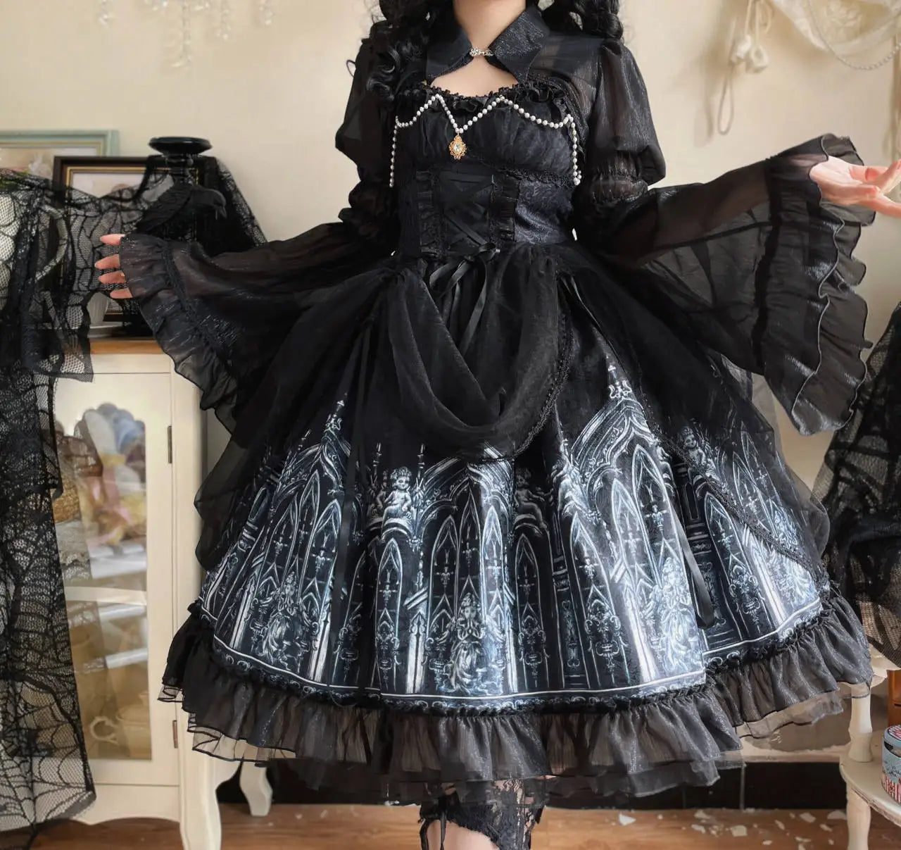 2025 Lolita Dark Gothic Style Sweet Ruffles Jsk Dress Summer Personality Girls Lace-up High Waist A-line Dress Long Sleeve Shirt