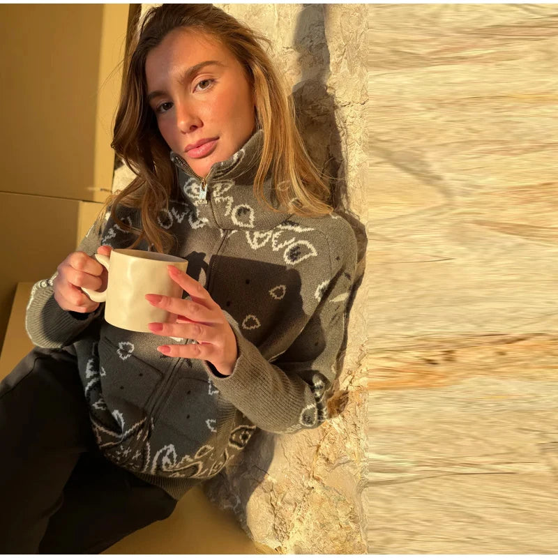 Jacquard Knitted Women's Cardigan Sweater Fashion Zipper Loose Pocket Casual Lady Sweaters 2026 Spring Street Long Sleeve Top