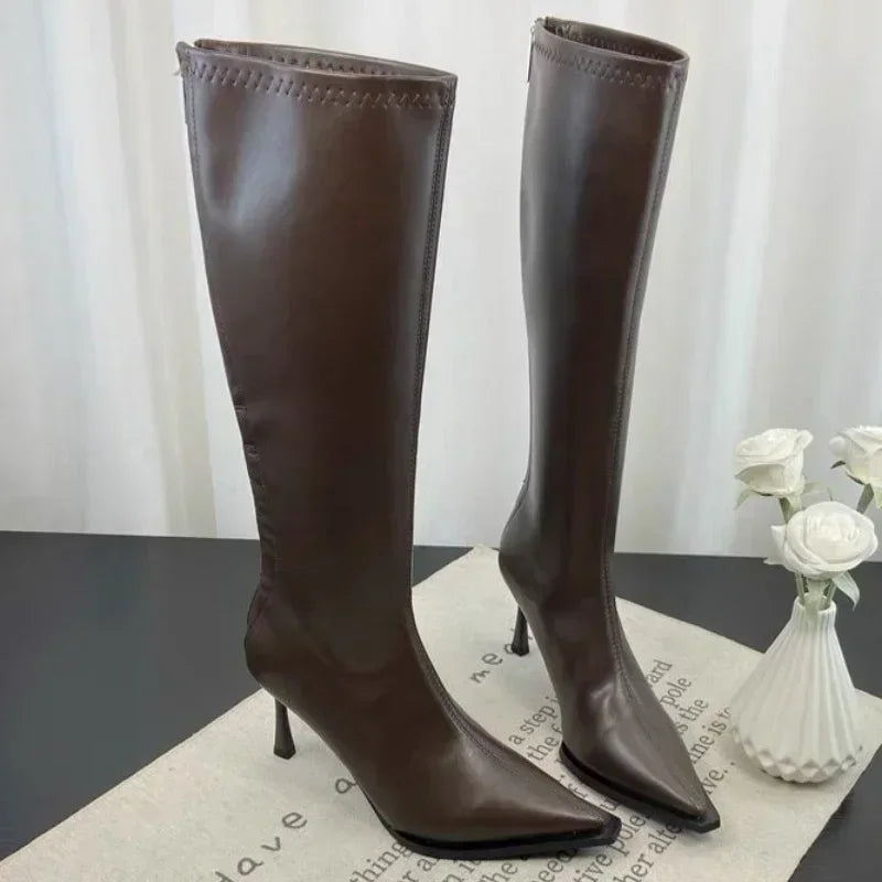 2025 New Women's High Heels Pointed Knee-length Female Boots Comfortable Stiletto Heel Soft Leather Women Shoes Zapatos De Mujer