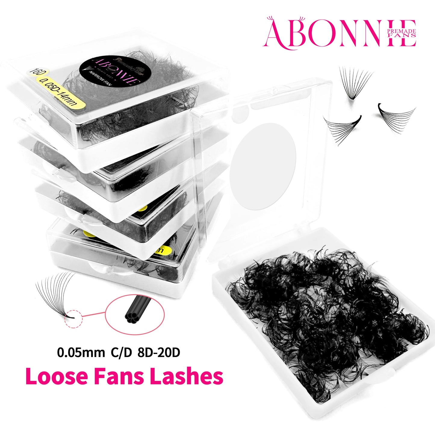 ABONNIE 500 Fans Loose Narrow Fan Lashes 8D-20D 8-15mm Pointy Base Premade Medium Stem Sharp Thin Russian Volume Eyelash