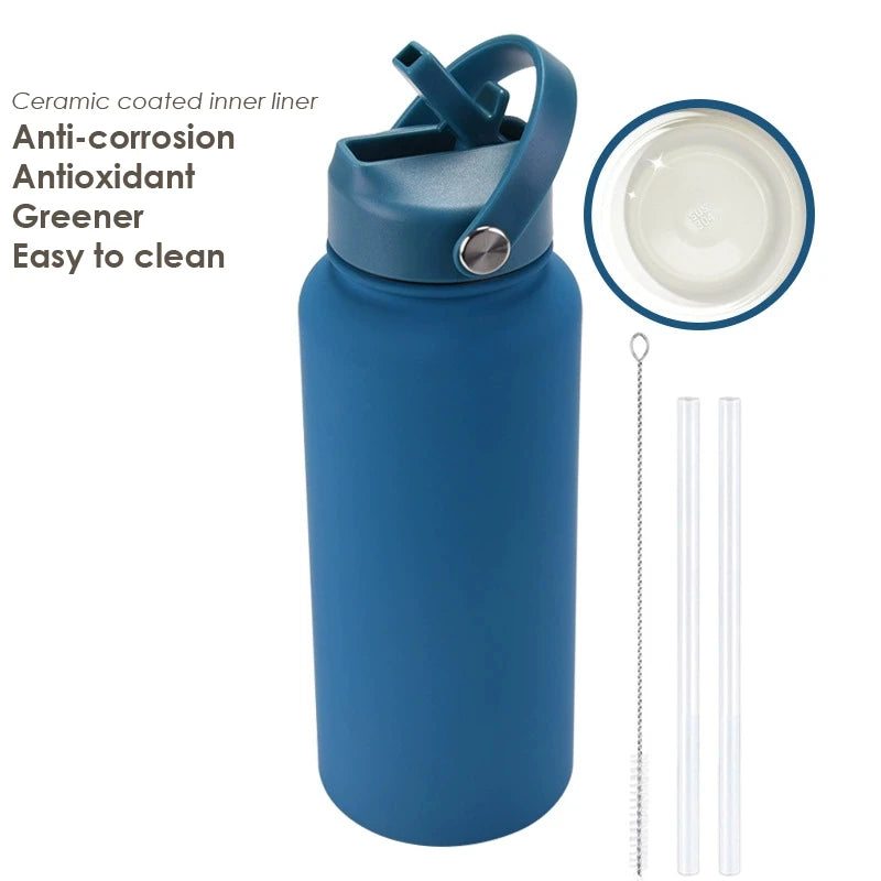 1000ML Water Bottle With Straw Lid Vacuum Insulated FlaskThermos Tumbler Ceramic Anti-Corrosion Coating Custom Gifts