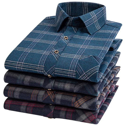 M-6XL Men's Pure Cotton Flannel Shirts Long Sleeve Single Pocket Casual Plaid Thick Soft Cozy Brushed Shirts Blouse Men Clothing
