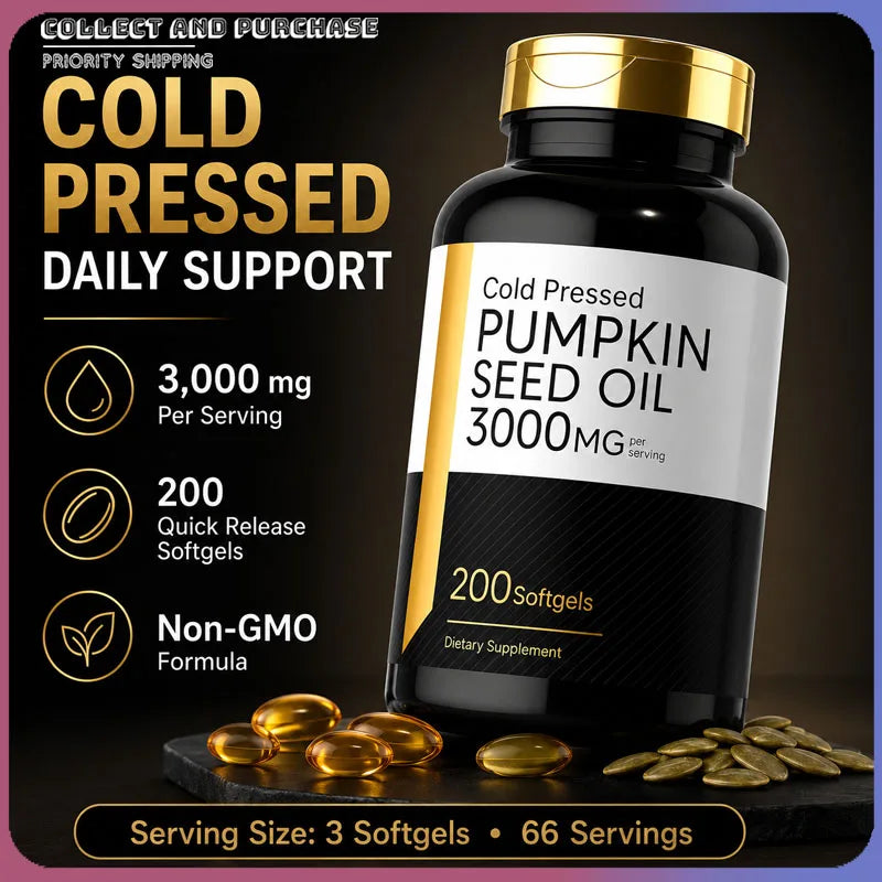 Pumpkin Seed Oil Capsules 3000mg Extract Body Essential Fatty Acids Cold Pressed Non-GMO Gluten Free 200 Count Supplement