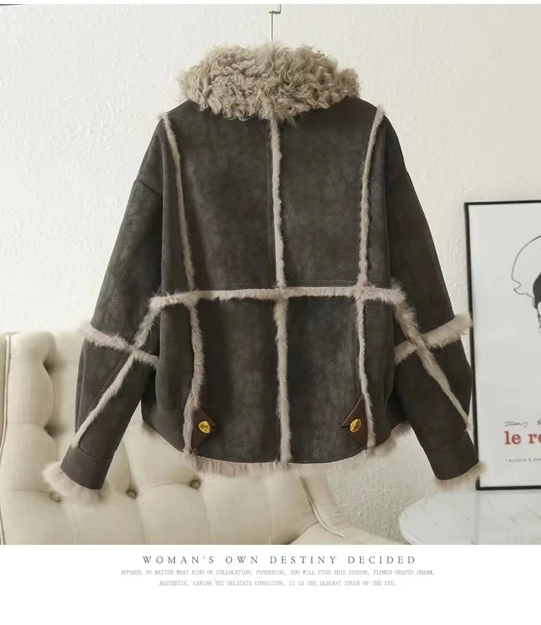 2024 autumn and winer short fur wmen's shepskin jacket tnned suede fbric 100% natral rbbit fur lining women's wool collar