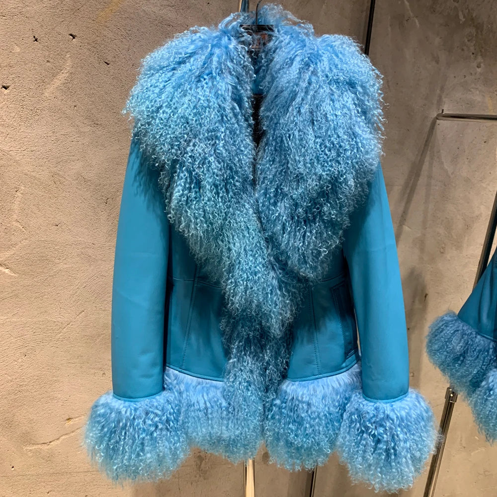 Sheep Collar Coats Women Winter Luxury Mongolian Fur Leather Jackets with Long Sleeve 7251