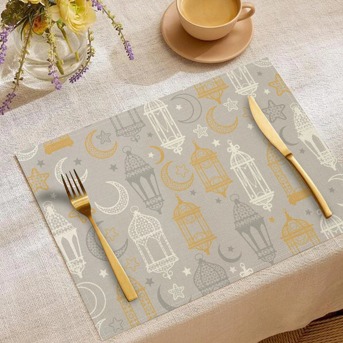 Artistic Ramadan Moon Lantern Floral Pattern Placemats Exquisite Watercolor Geometric Designs Heat Resistant Table Mats