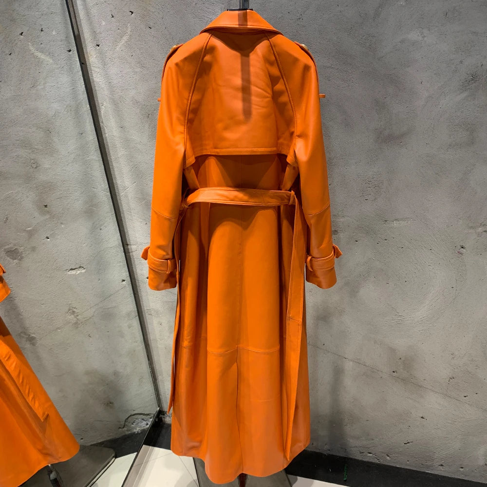 Leather Coat Orange Long Ladies Real Sheepskin Coat Genuine Sheep Leather Windbreak Long 21018