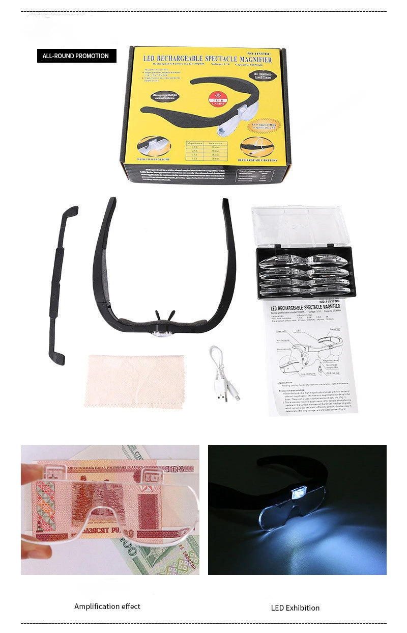Magnifying Glasses Magnifier1.5X 2.5X 3.5X 5.0X USB Rechargeable With LED Light For Reading Jewelers Watchmaker Repair Wearing