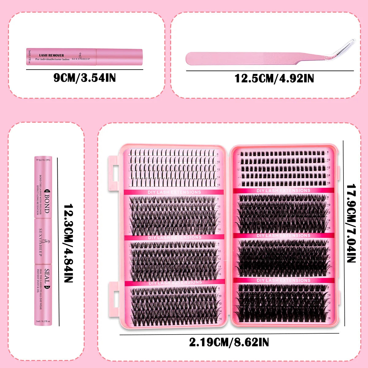 DIY Eyelash Extension Kit Soft Natural Look Wispy Kit with Bond & Seal Tweezers Reusable Cluster Lashes D Curl Individual Lash