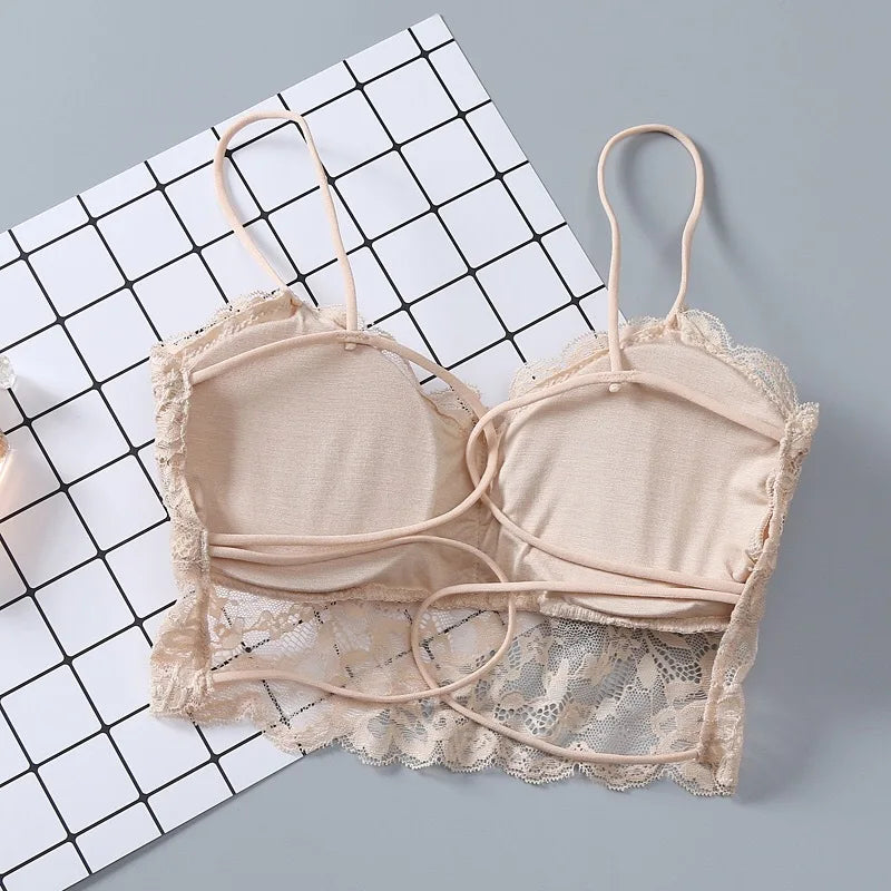 Summer Women Lace Sexy Top Sun Sleeveless Solid Tops Unpadded Bralette Bra Bustier Zipper Back Club Crop Tank Free Size lingerie