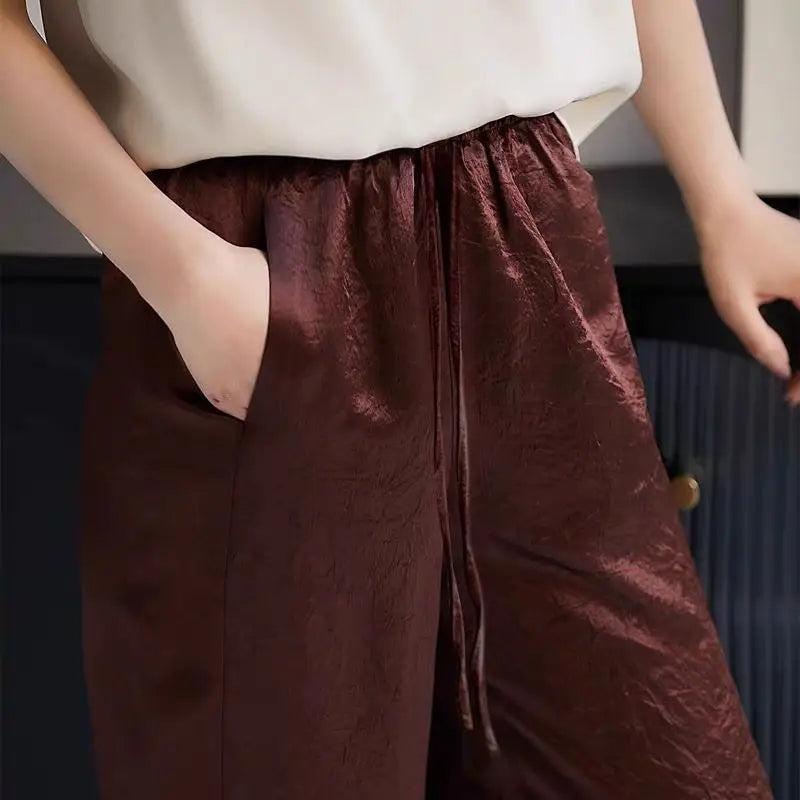 plus Size Satin Ice Silk Wide Leg Pants Women's Summer Thin Cool Casual Straight Leg Trousers Comfortable Loose Fit Long Pants