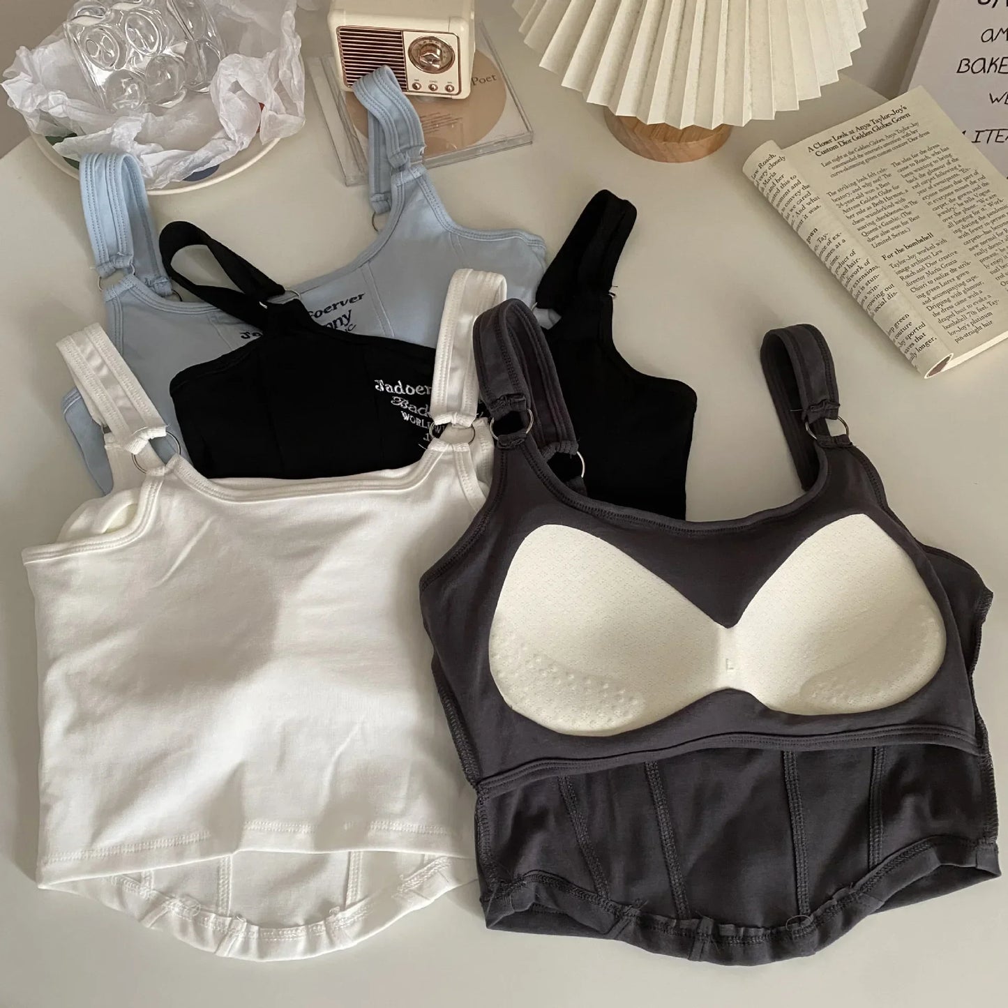 Women Summer Tops Sexy Camisole Square Collar Tank Top Y2k Slveless Female Crop Tops With Pad Fashion Vest Embroidery Letter