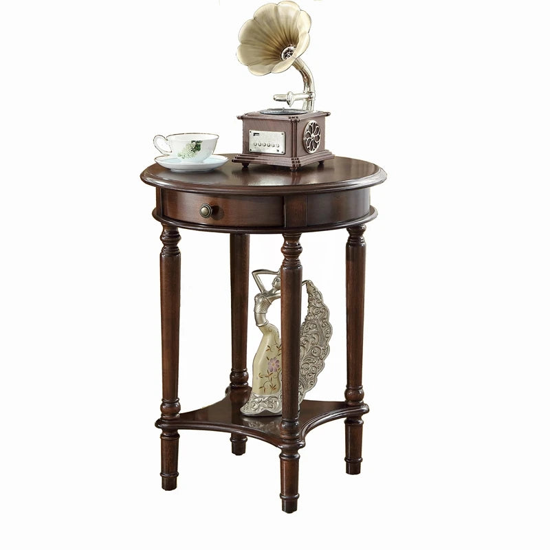 Solid Wood Sofa Side Table American Living Room round Desk European-Style Coffee Surface Casual Telephone Shelf for Entryway