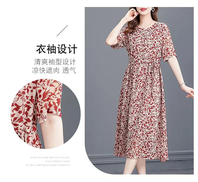 Women's Mulberry Silk Midi Dress V-Neck Three-Quarter Sleeve Red Floral Print Waist Tie Elegant Silk Summer Dress For Mature