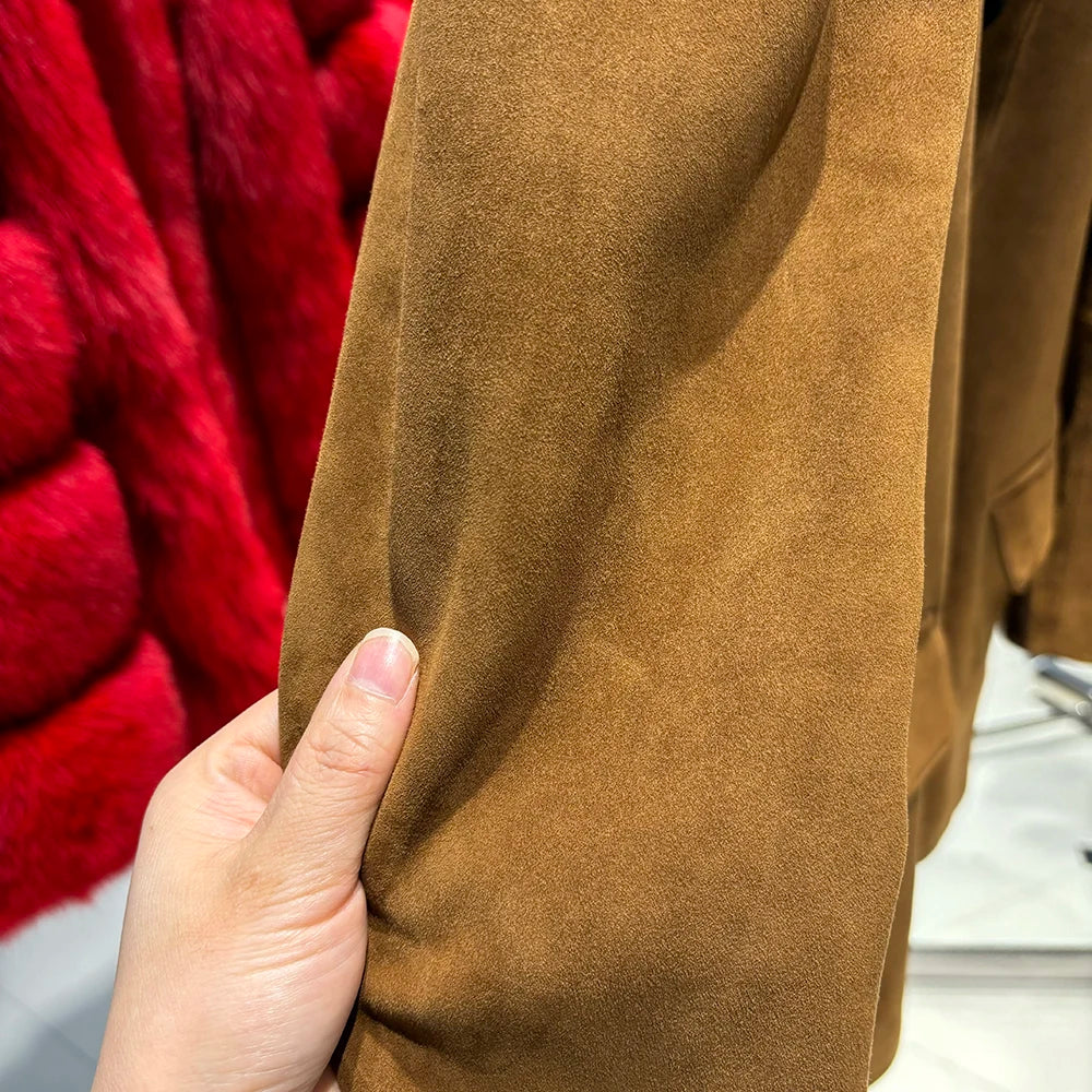 YOLOAgain Single Breasted Oversized Suede Blazer Women Real Leather Jacket Spring 2026