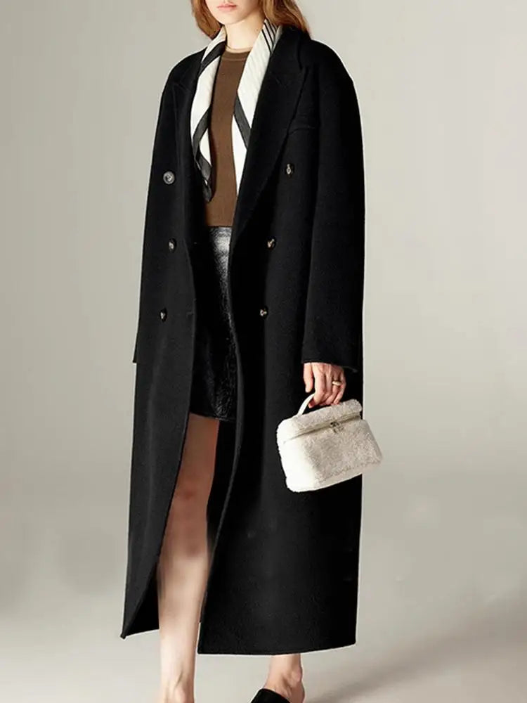 Office Lady Woolen Jackets 2024 Autumn And Winter Suit Collar Double Breasted Warmer Yak Hair Loose Long Women's Wool Coats