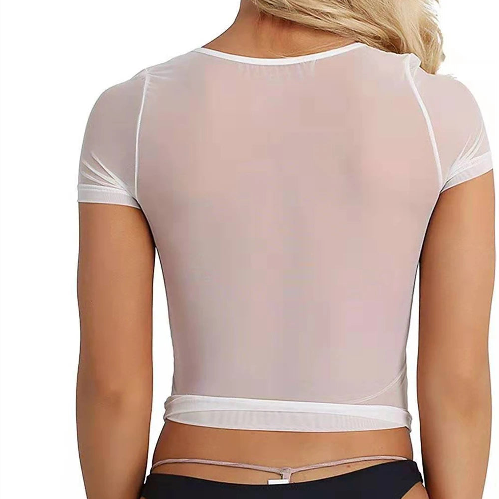 Summer Sheer Short Sleeve T Shirt Tops Women Slim Mesh Fish Net See-Through Crop Tops Tees Casual T Shirt Streetwear Clubwear