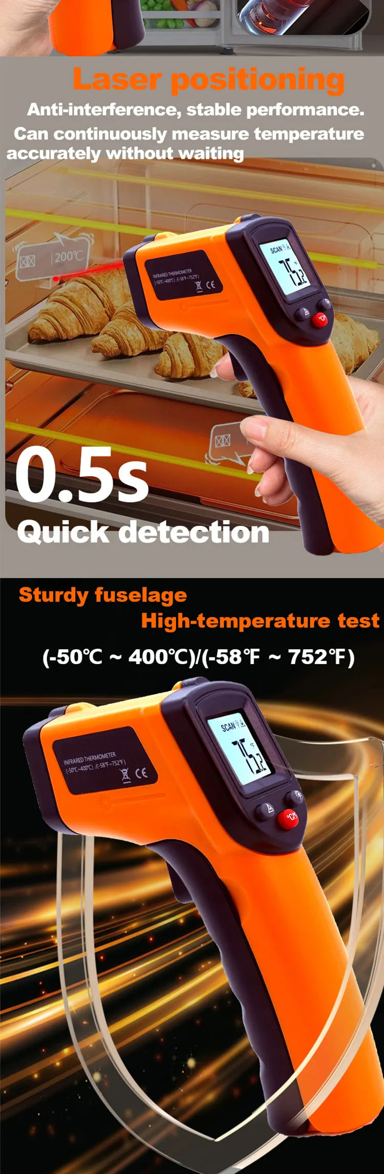 Laser Temperature Gun Infrared Thermometer Sensor Handheld Non-contact IR LCD Industrial Pyrometer Digital BBQ thermometer400 °C
