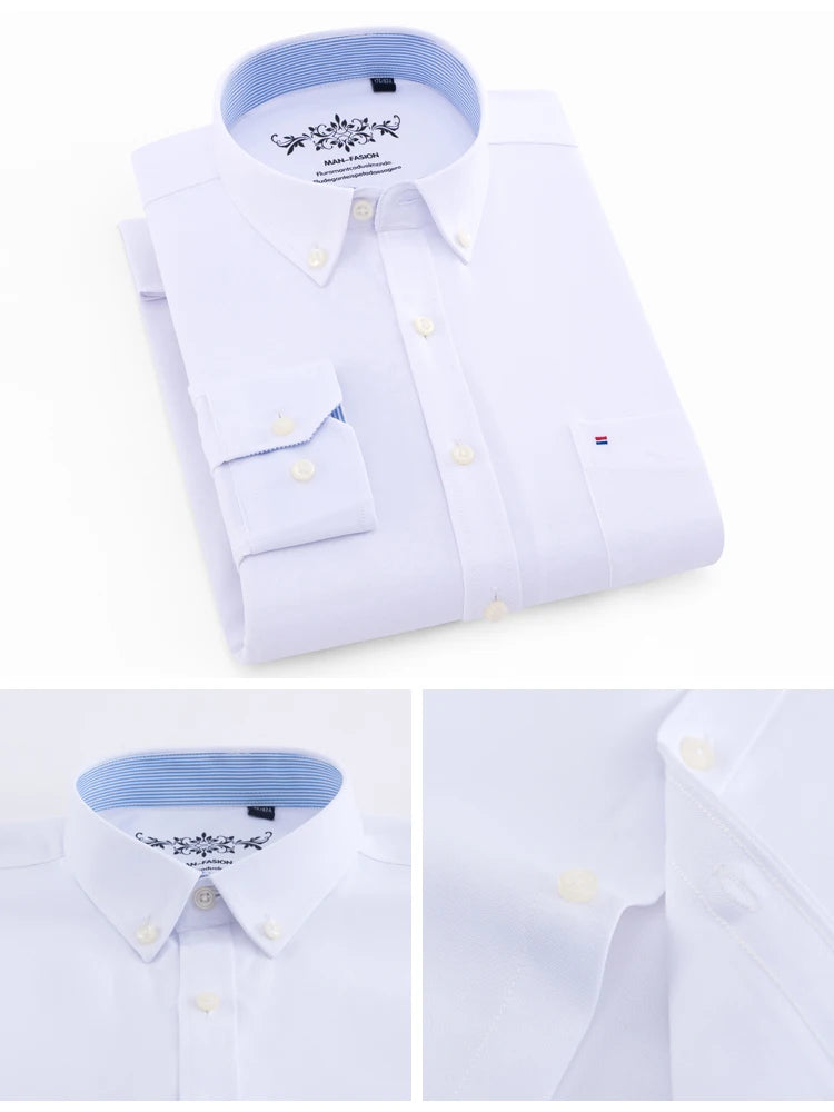 Men's Fashion Long Sleeve Oxford Work Shirt Single Patch Pocket Simple Design Embroidered Regular-fit Casual Button-down Shirts