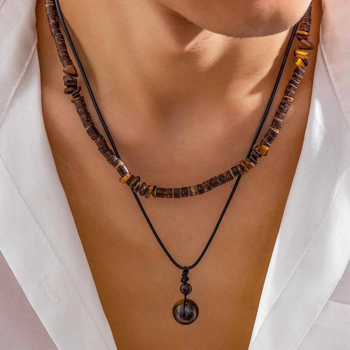 2Pcs/Set Bohemian Round Natural Stone Pendant Necklace for Men Vintage Ethnic Wood Bead Chokers Male Fashion Jewelry Accessories