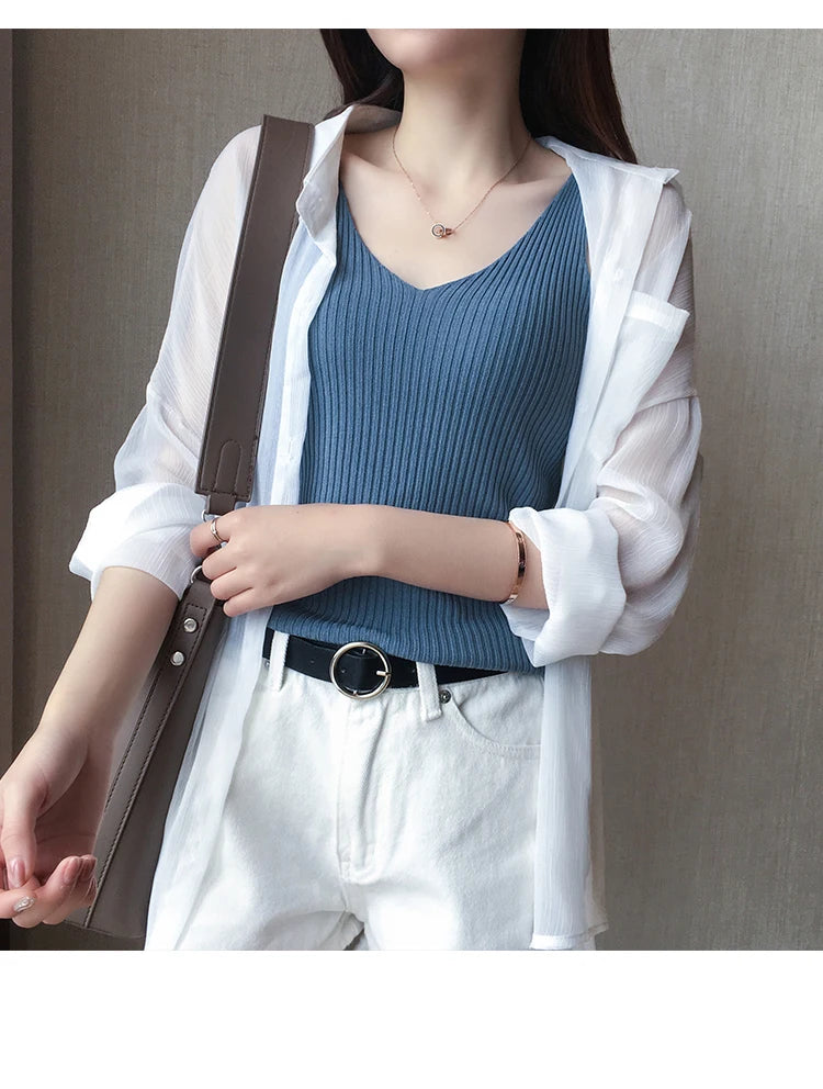 Summer Casual Tank Top Women Sleeveless Knitted T-Shirts Female Elastic Slim Vests Crop Tops Tanks & Camis Pullover Shirts