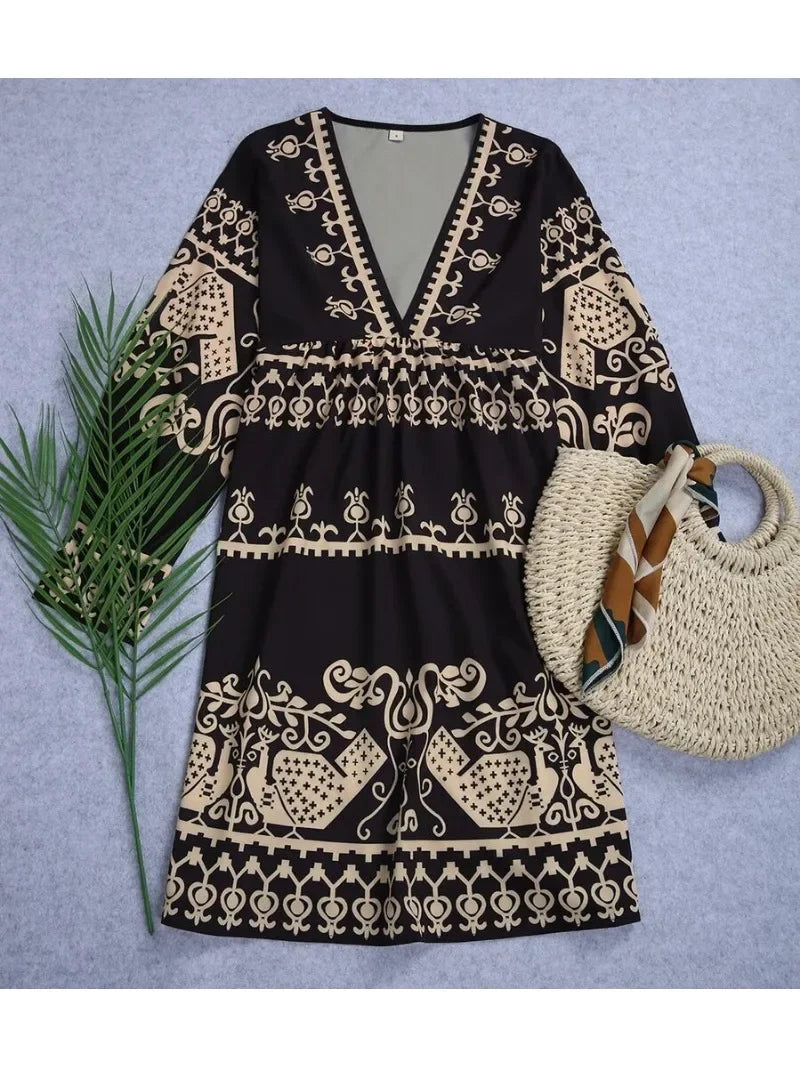 New Women's Spring Loose  V-neck Full Body Printed Fashion Short Skirt Pullover Long Sleeve Dress Bodycon Dress  Summer Dress