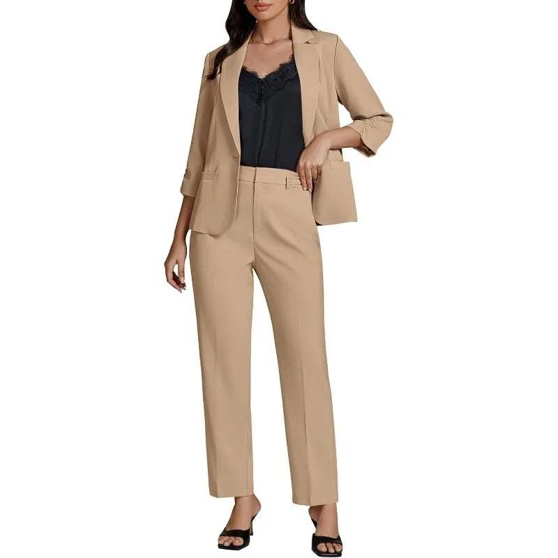 Pant Suits for Women Dressy 2 Piece Business Casual Outfits 3/4 Sleeve Blazer Straight Leg Pant Sets Office Work