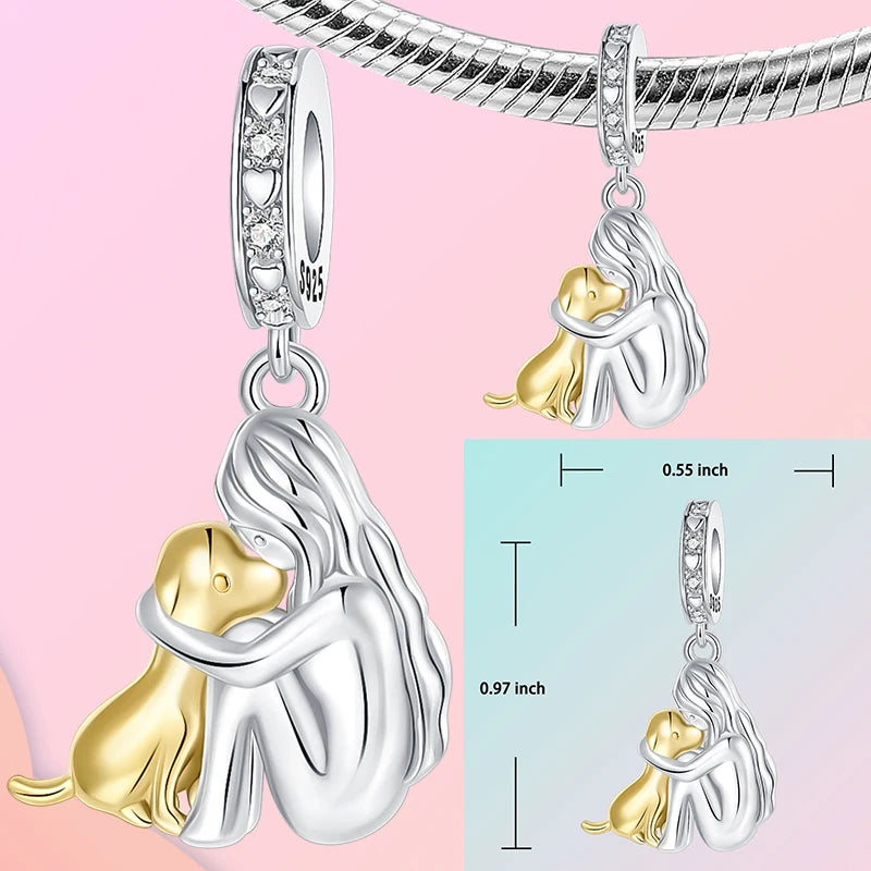 925 Sterling Silver Girl Holding Dog Charms Beads Fit Original 925 Bracelet Making Gift for Woman Jewelry Diy Fashion Pendant