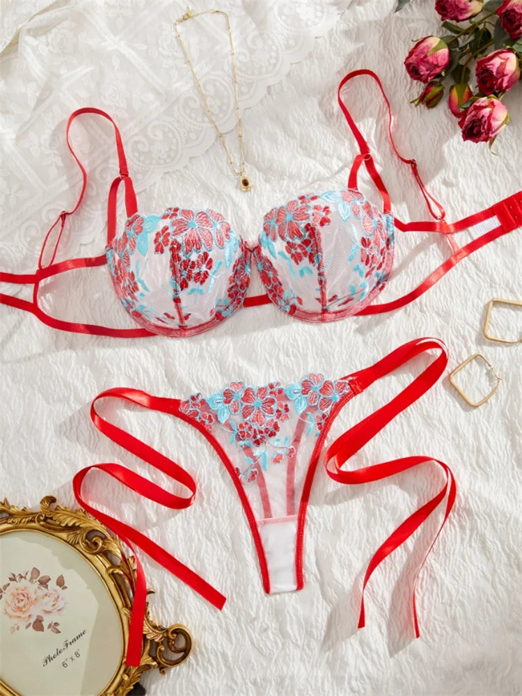 Lingerie Ultra Sexy Beautiful Female Underwear Tulle Fairy Exotic Sets Delicate Embroidery Bra and Panty Set Youth Sexy Lingerie