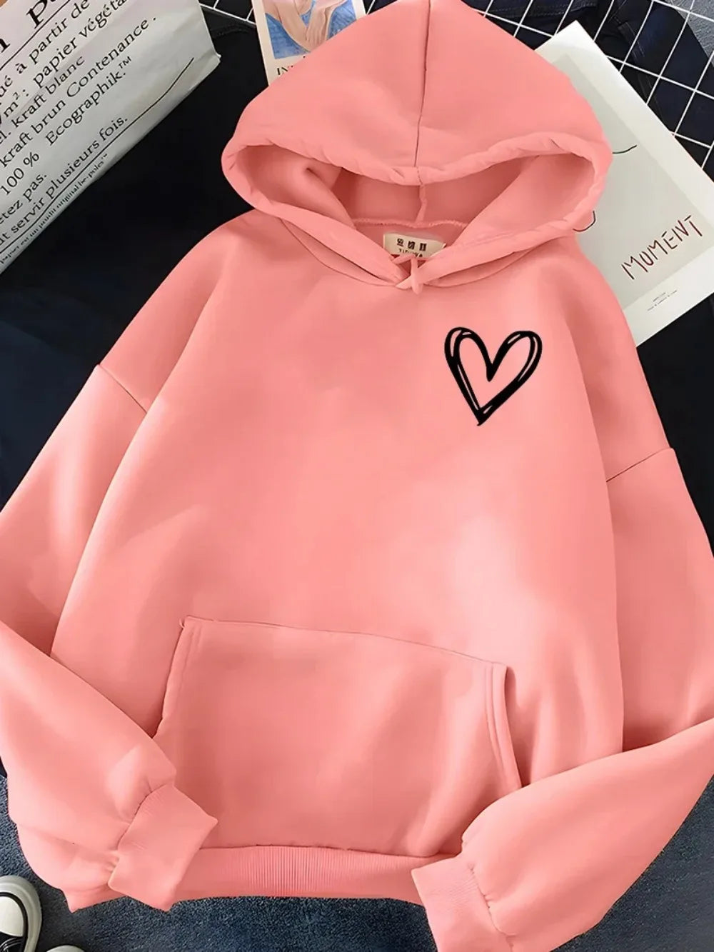 Hirsionsan Simplic Heart Print Women Sweatshirt Soft Casual Loose Vintage Female Hoodies 2025 Winter Warm Fleece Student Tops