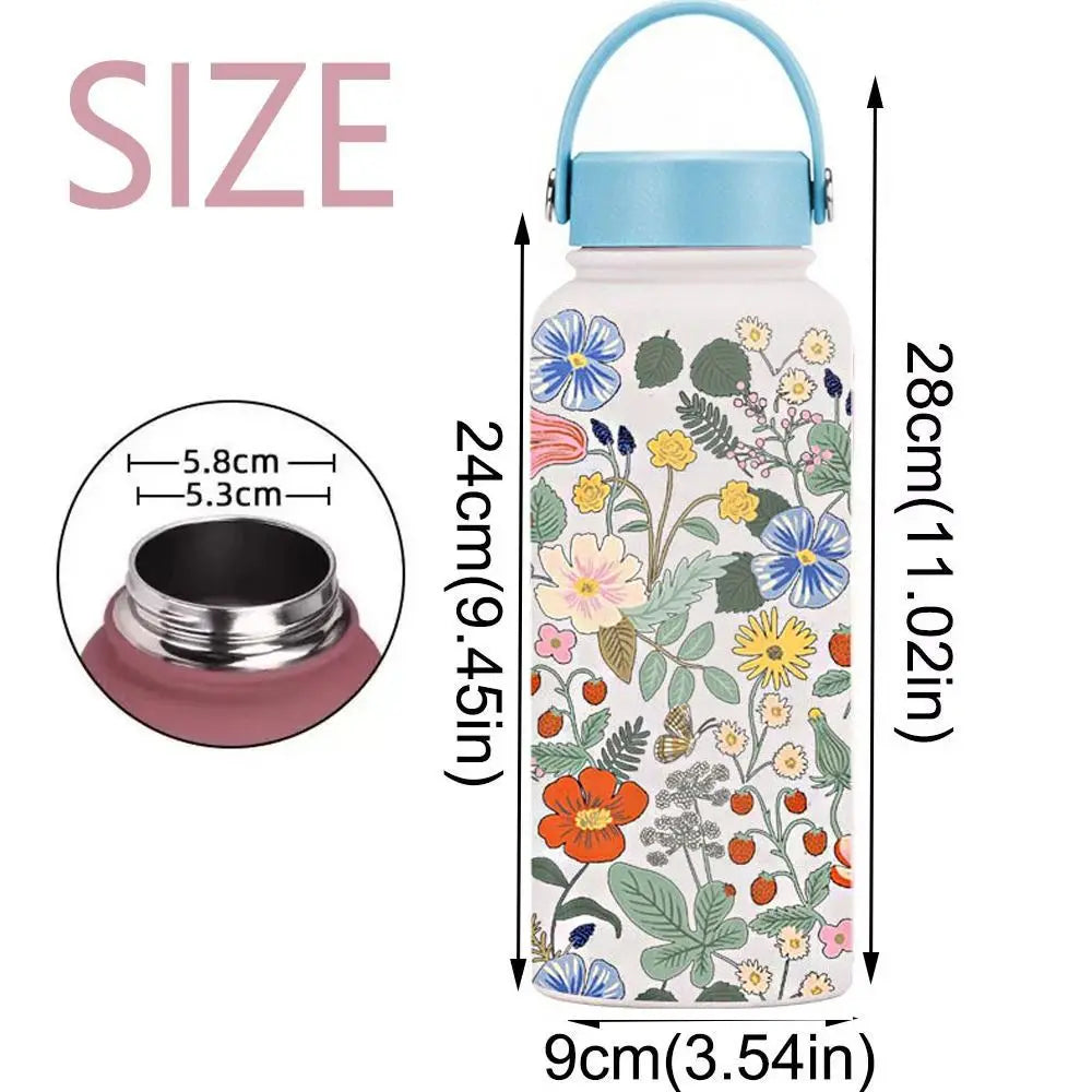 Gift INS Insulated Water Bottle 1L Portable Thermal Water Bottle Leak-proof Large Capacity Floral Thermal Cup Household