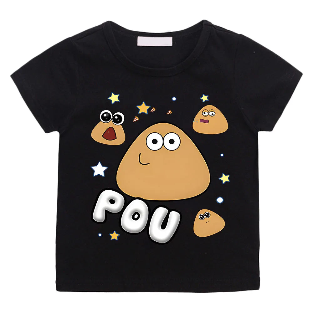 POU Kawaii Print Anime T-shirts Kids Cartoon Manga Tshirt Kawaii Comic Cotton Short Sleeve Boys/Girls T Shirt Teens Streetwear