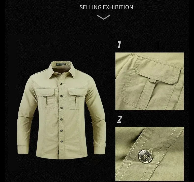 Men's Lightweight Quick-Drying Shirt Tactical Casual Military Long-Sleeved Cargo Shirt Breathable Sport Sunscreen Hiking Shirt